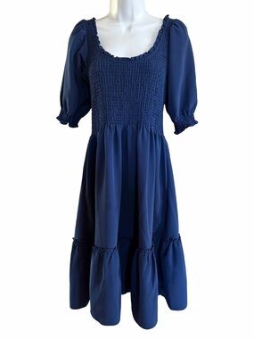 Hill House Home Louisa Nap Dress M Navy Crepe Smocked Puff Sleeve Midi